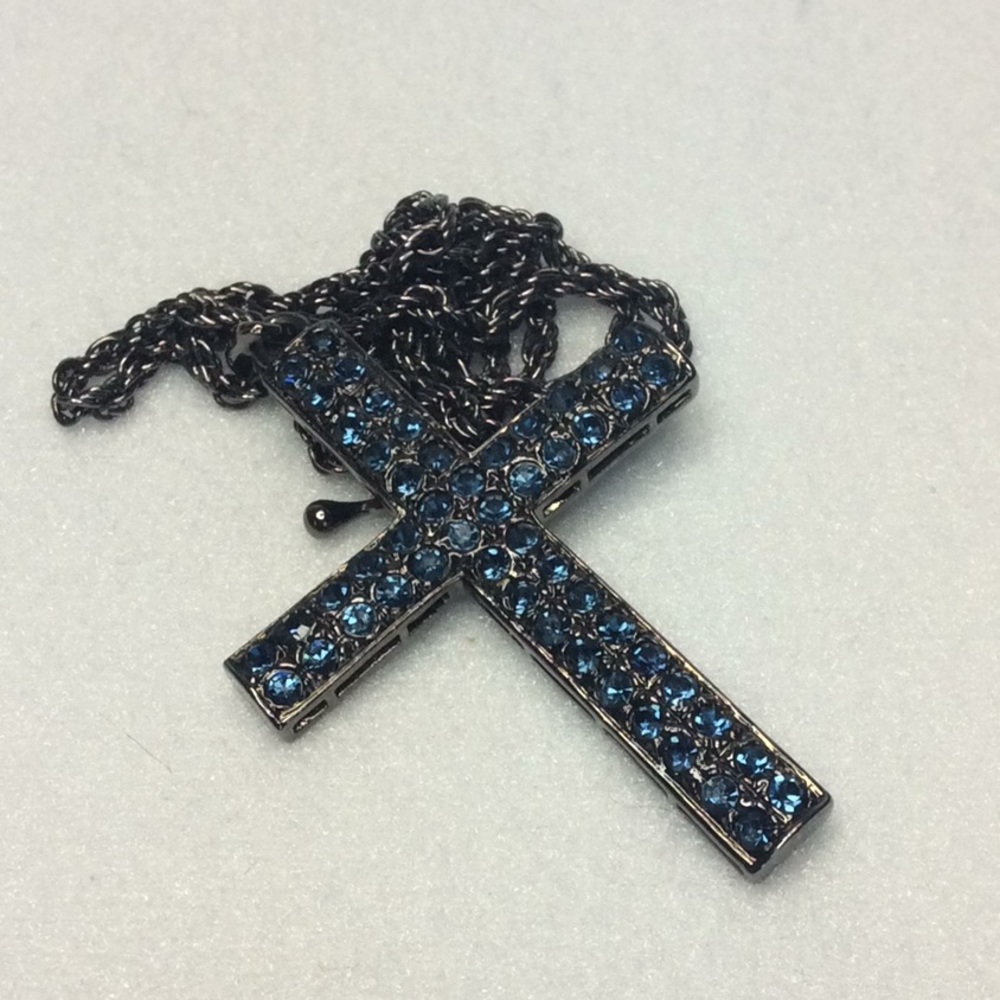 FINAL SALE PRICE Large Blue Rhinestone Cross Necklace - Adjustable - Picture 3 of 4